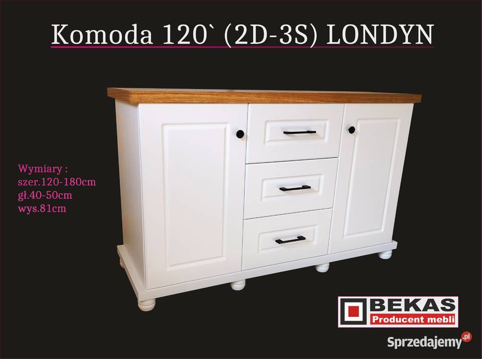 Śliczna Biała Komoda 160 LONDYN z Dębowym Blatem 45cm