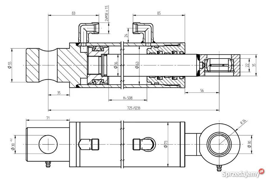 SIŁOWNIK HYDRAULICZNY CYLINDER 63x36x508 skok Solec Kujawski