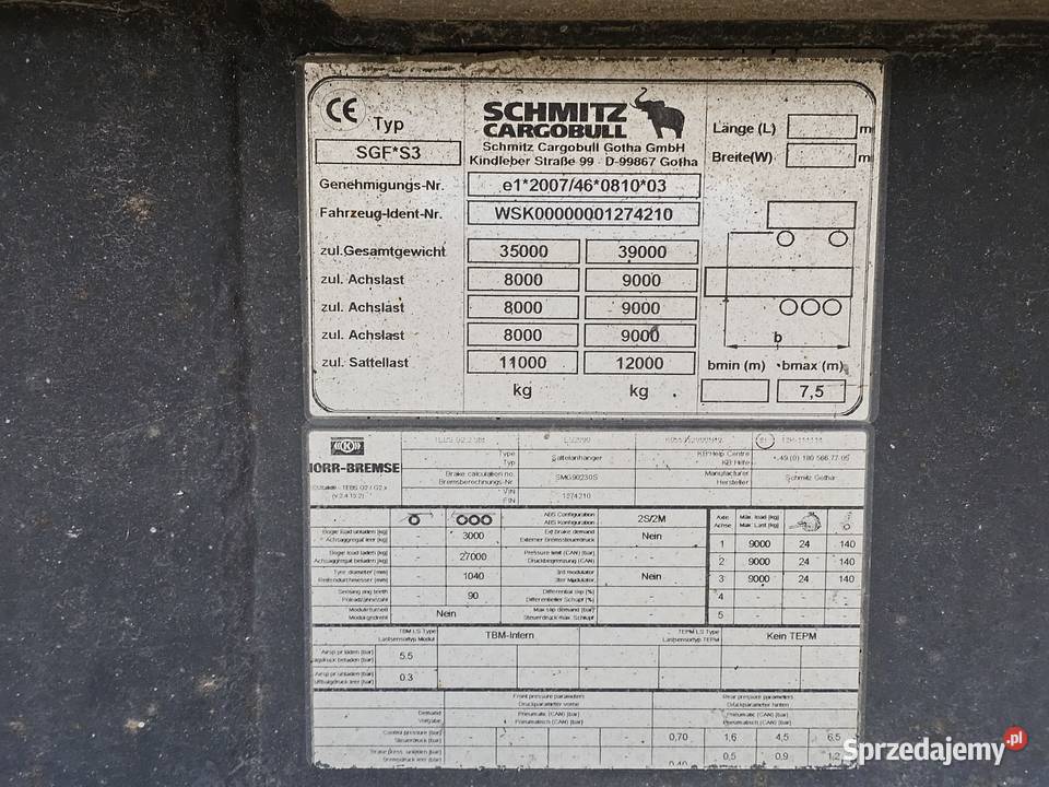 Naczepa Schmitz CARGOBULL SGF S3 2007 R burtowe Olsztyn sprzedam