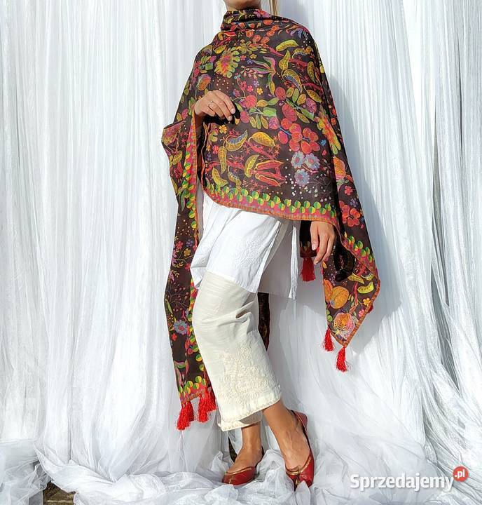 Duży szal pashmina chusta czarny kolorowy wzór Szczecin
