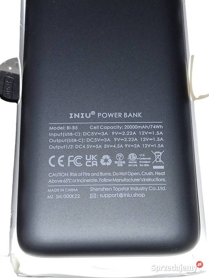 INIU Powerbank 20000mAh 225W Szybkie Ładowanie Witnica