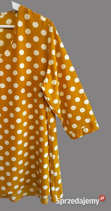 Damska bluzka musztardowa krótki rękaw w białe Chrzanów