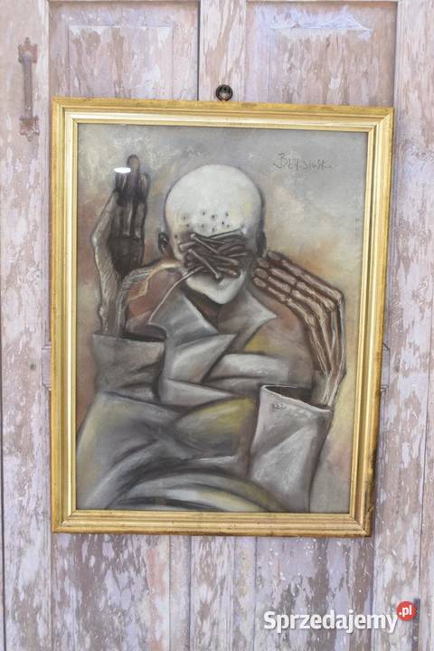 Beksiński Pastel na Kartonie Szkłem Stary Obraz Kraków