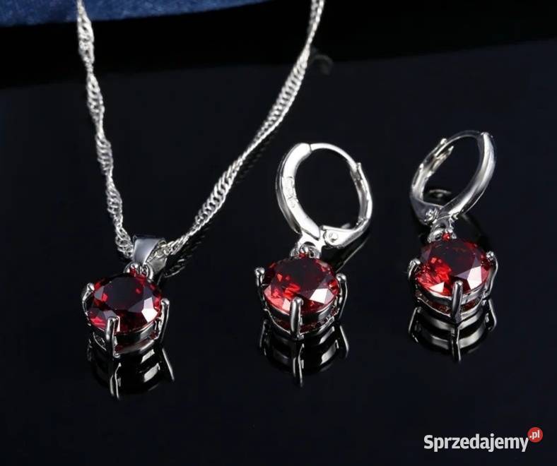 Komplet biżuterii naszyjnik kolczyki czerwone posrebrzane