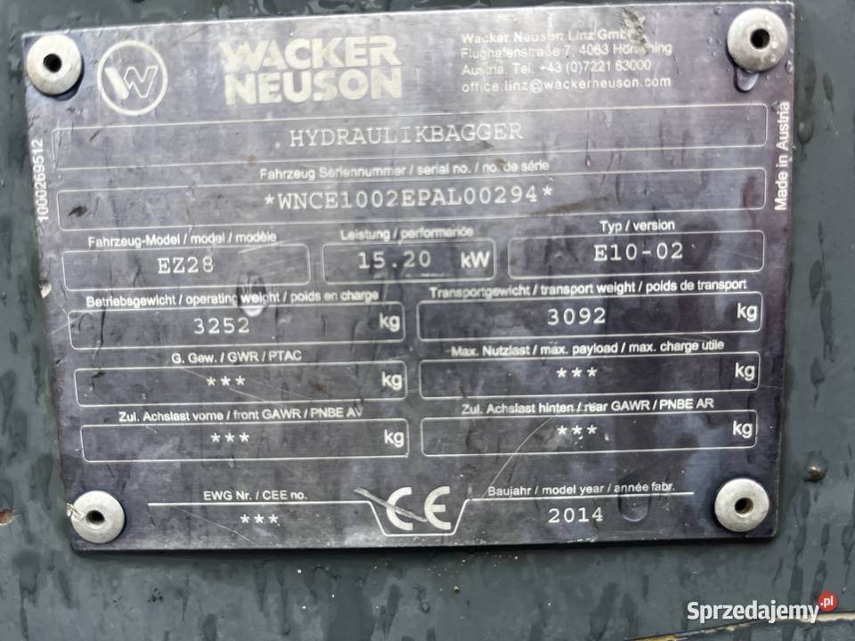 Minikoparka Wacker Neuson EZ28 z VDS 2014 roku Rok produkcji 2014 Koparki Złoczew