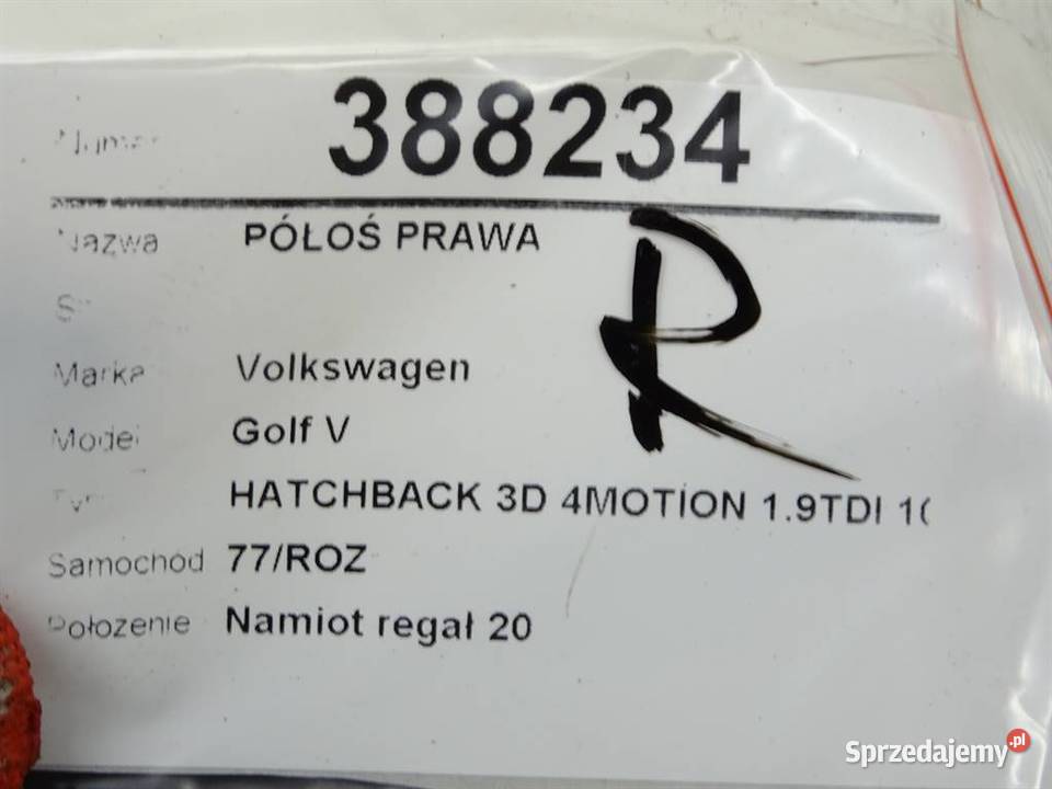 PÓŁOŚ PRAWA VW GOLF V 19 105 0310 PRZEGUB