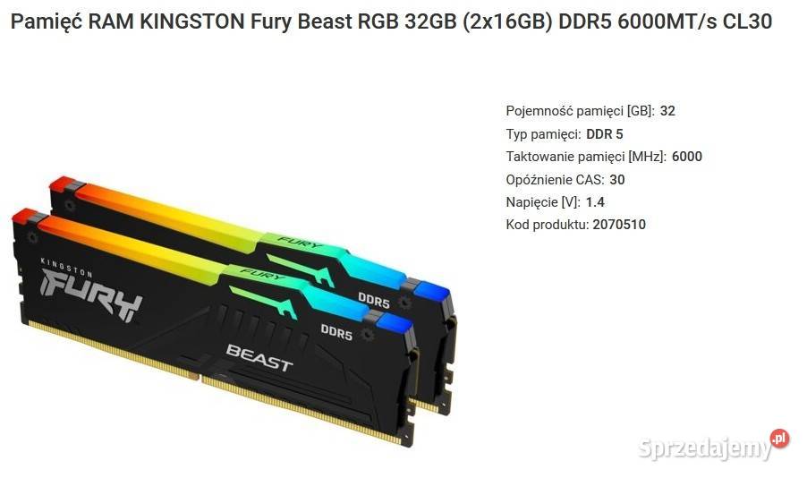 Pamięć RAM KINGSTON Fury Beast RGB 32GB 2x16GB Wyszków