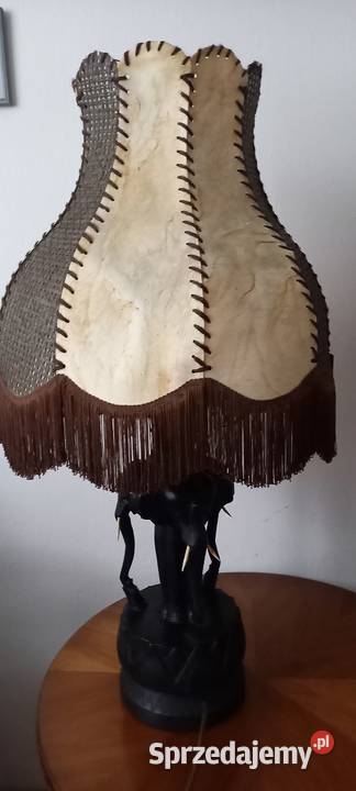 Drewniana rzeźbiona lampa Trzy słonie skórzany Skierniewice