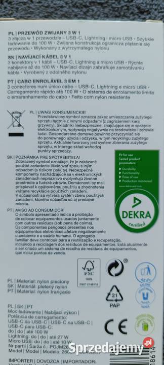 HYKKER przewód USB zwijany 3w1 NOWY Ełk sprzedam