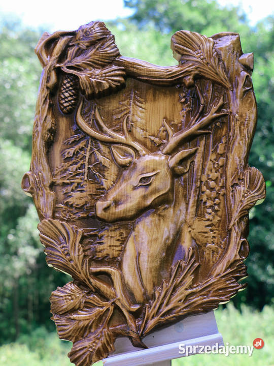 Jeleń w ramie Płaskorzeźba w drewnie Jasienica Rosielna sprzedam