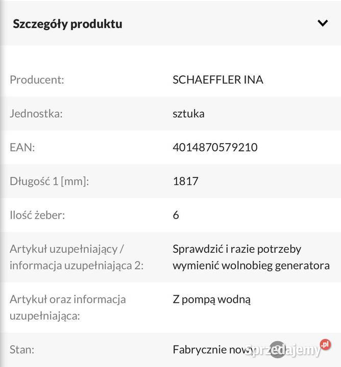 Zestaw paska klinowego wielorowkowego pompa wody osobowe wielkopolskie Koło sprzedam