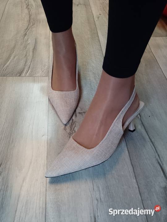 4041 Beżowe czółenka wieczorowe z odkrytą piętą 26cm Kraków