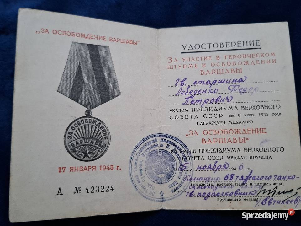 Dokument do medalu ZSRR wyzwolenie Warszawy z Militaria Wejherowo