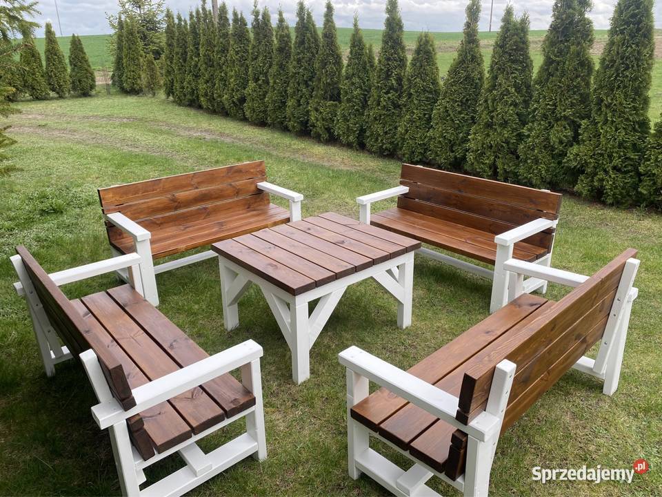 Meble ogrodowe drewniane, komplet 4 ławki i stół