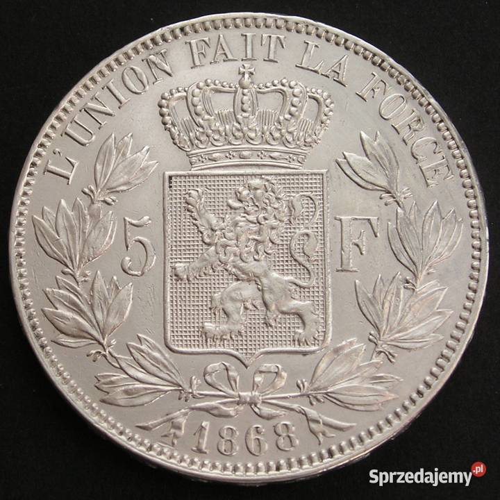 BELGIA 5 FRANKÓW 1868 - KRÓL LEOPOLD II - SREBRO