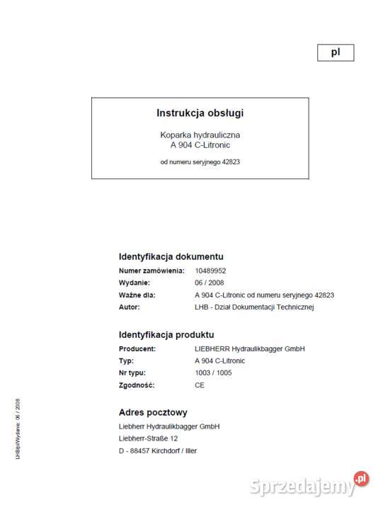 Liebherr a 904 c DTR instrukcja obsługi POLSKU pomorskie Gdańsk