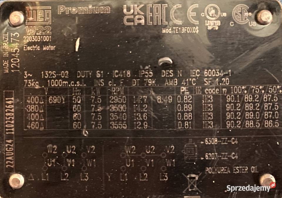 silnik elektryczny 75kW 2950obr 3fazowy WEG IE3 kujawsko-pomorskie Pigża