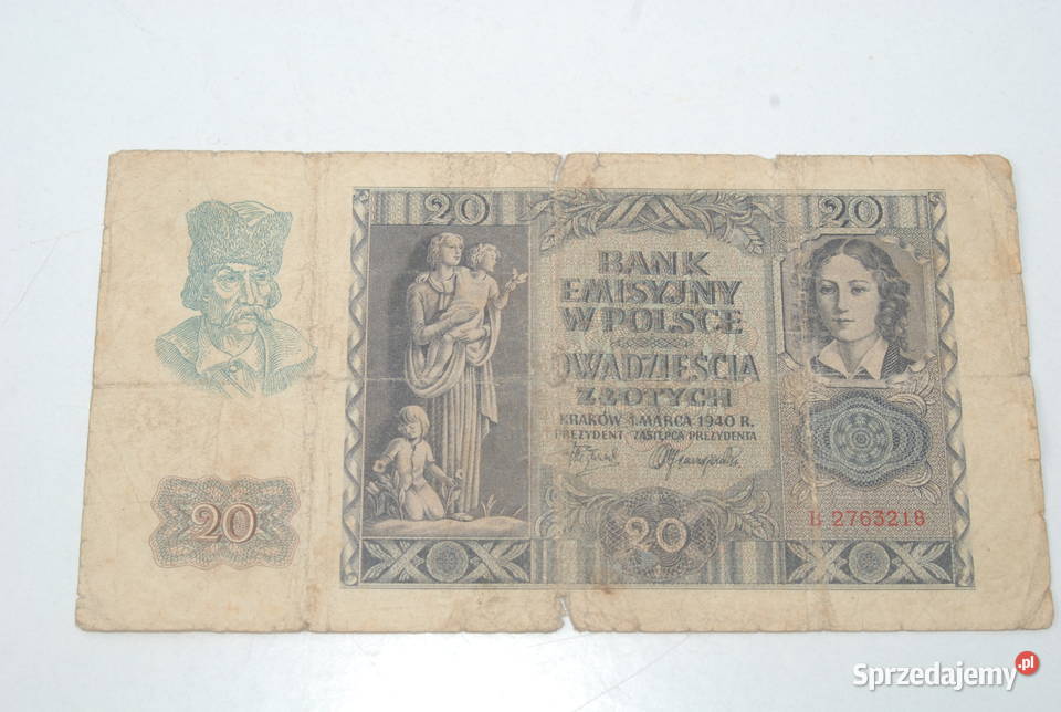 Stary banknot 20 złotych 1940 antyk unikat Numizmatyka