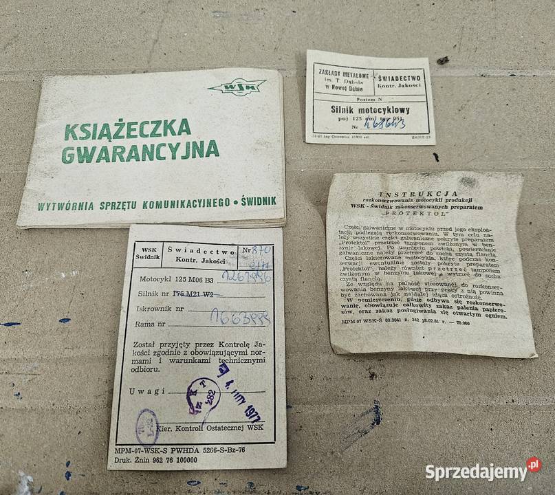 Świadectwo kontroli jakości Wsk 125 Książka Kłodawa