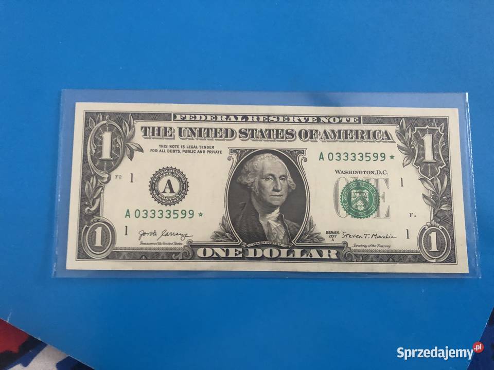 Banknot 1 dollar rzadki numer A03333599 z Szczecin