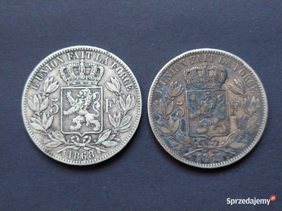 Belgia Dwie srebrne monety o nominale 5 Franków Żukowo