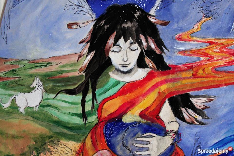 Duży anioł malowany akrylami na drewnie ANIOŁ Katowice