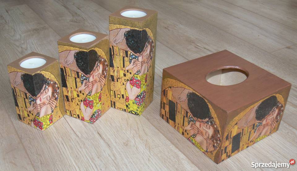 Komplet 2 świeczniki + chustecznik Gustav Klimt Pocałunek