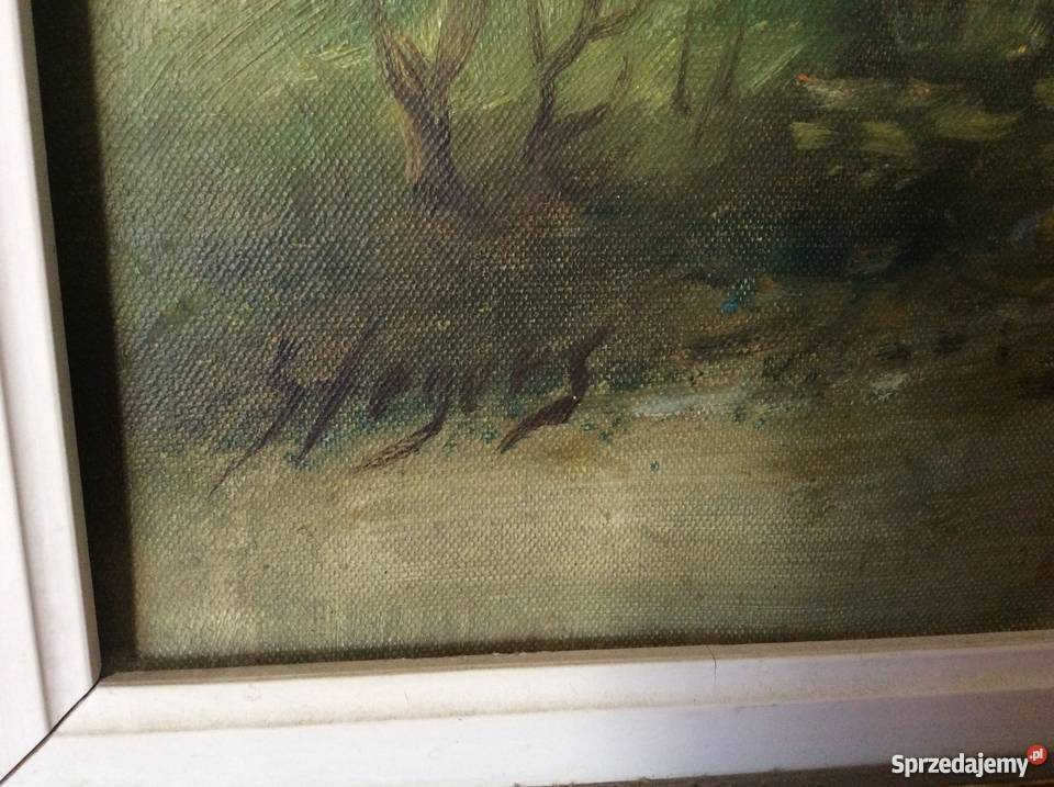stary obraz olejny zaprzęg koński w lesie Wrocław