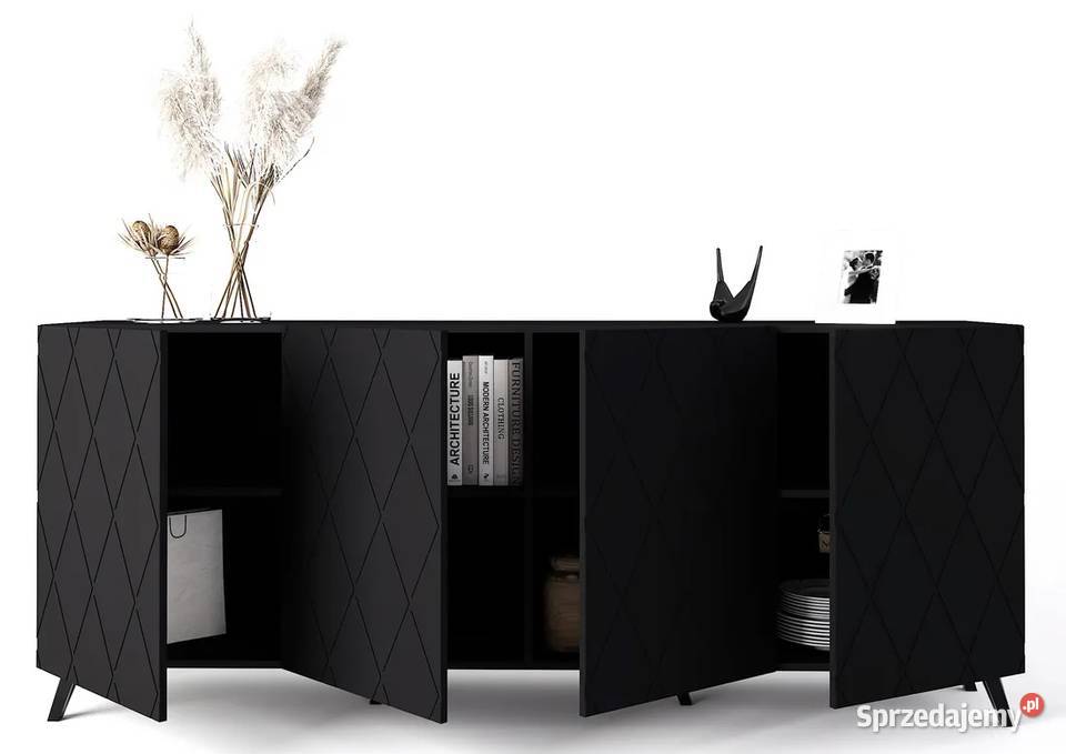 DIAMOND czarna komoda ryflowana 200 4 drzwi MDF 40cm