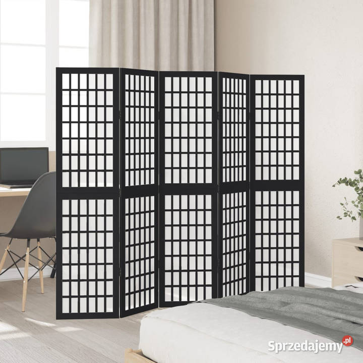 Parawan pokojowy 5panelowy czarny lite drewno