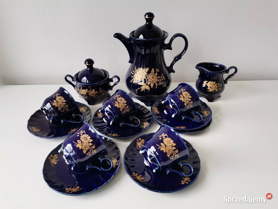 Stary niebieski kobaltowy serwis kawowy porcelit śląskie
