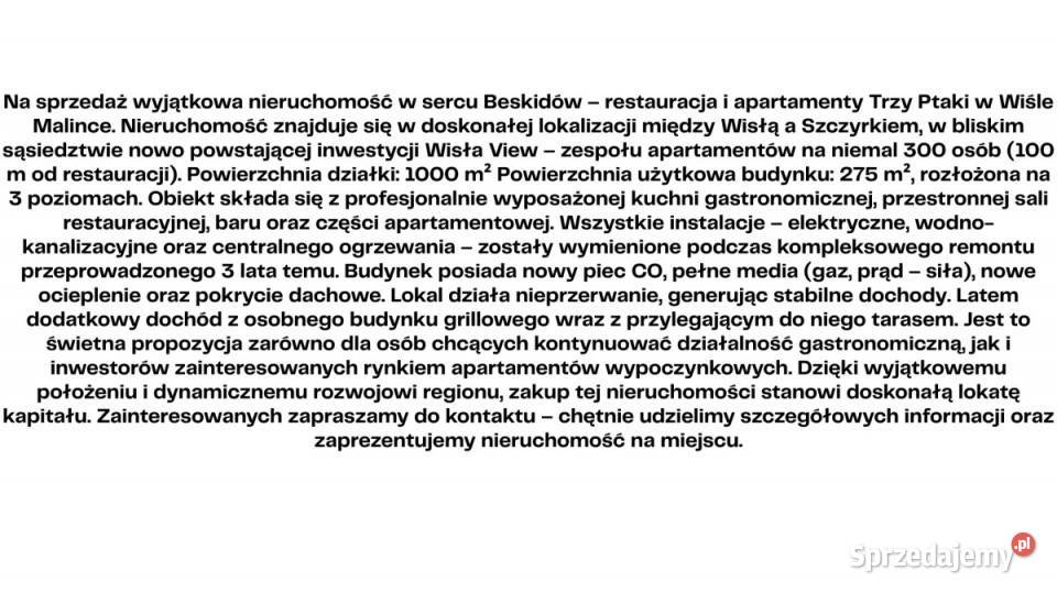 Nieruchomość komercyjna WIsła Malisnka Sprzedaż