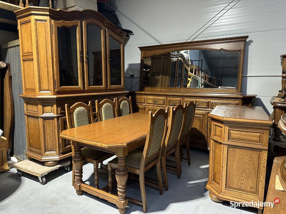 Masywny dębowy zestaw do jadalni komoda witryna Sławoszewek