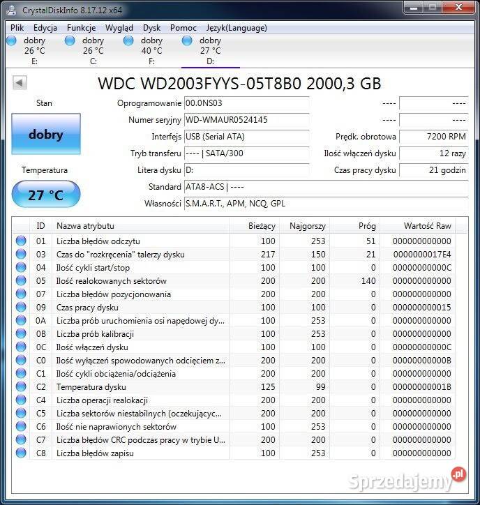 Dysk HDD 2TB SATA 35 WD2003FYYS 7200RPM