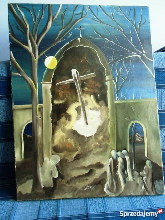 Stary duży obraz olejny na płótnie Przepowiednia Warszawa