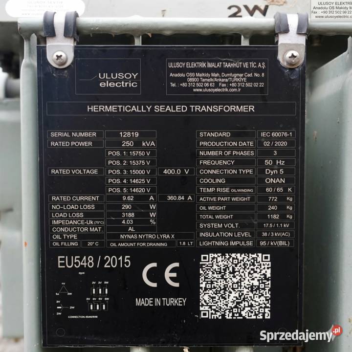 Transformator Hermetyczny 250kVA Ulusoy 2020r
