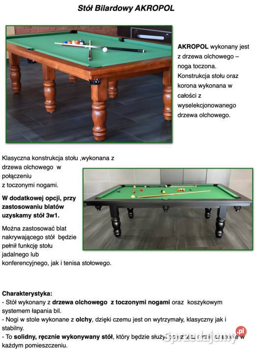 Stół Bilardowy Akropol lita olcha 8 ft z