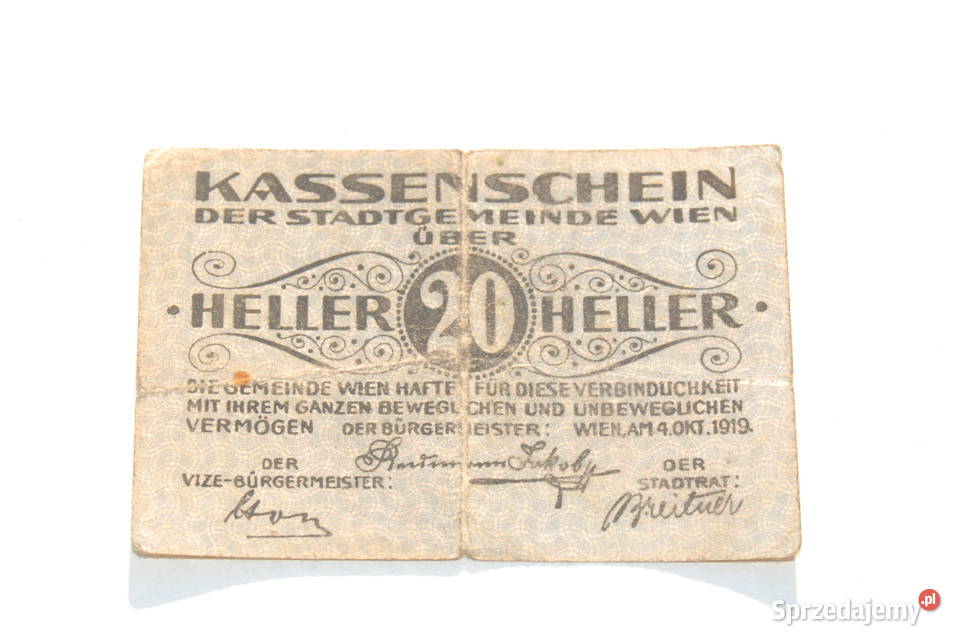 Stary banknot bon Heller 20 Austria Wiedeń 1919 Cieszyn