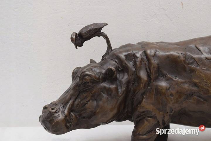 HIPOPOTAM Z PTASZKIEM duża figura z brązu Kraków