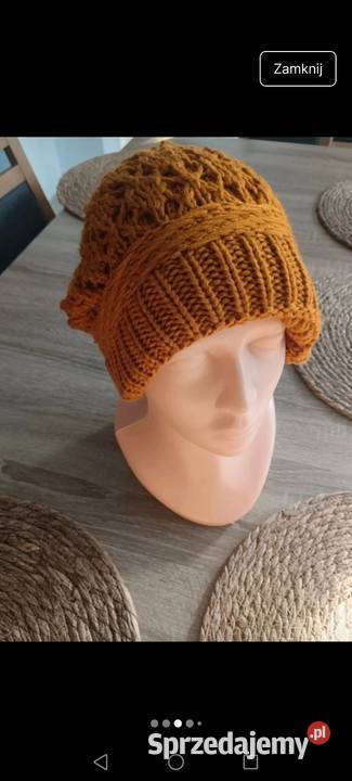 Czapka dziergana musztardowy zimowa Krosno