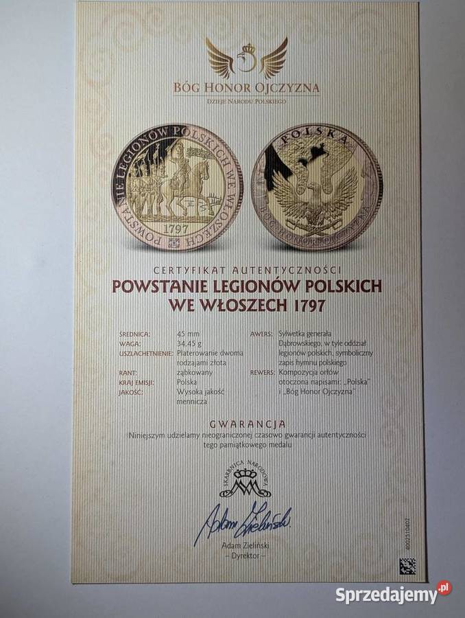 Certyfikat Skarbnica Narodowa Powstanie Legionów Piła