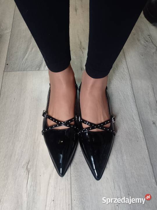 40 Czarne bogato zdobione baleriny wieczorowe z skóra ekologiczna Kraków