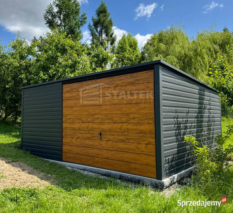 Garaż Blaszany 5x4 Brama uchylna drewnopodobny