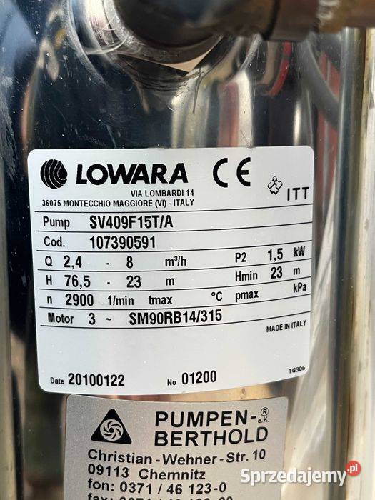 Pompa Pionowa Lowara 248 m3h Wysokość sprzedam