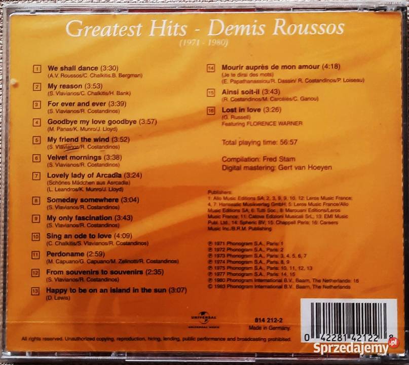 Sprzedam Album CD Demis Roussos Greatest Hits Płyty i kasety Katowice