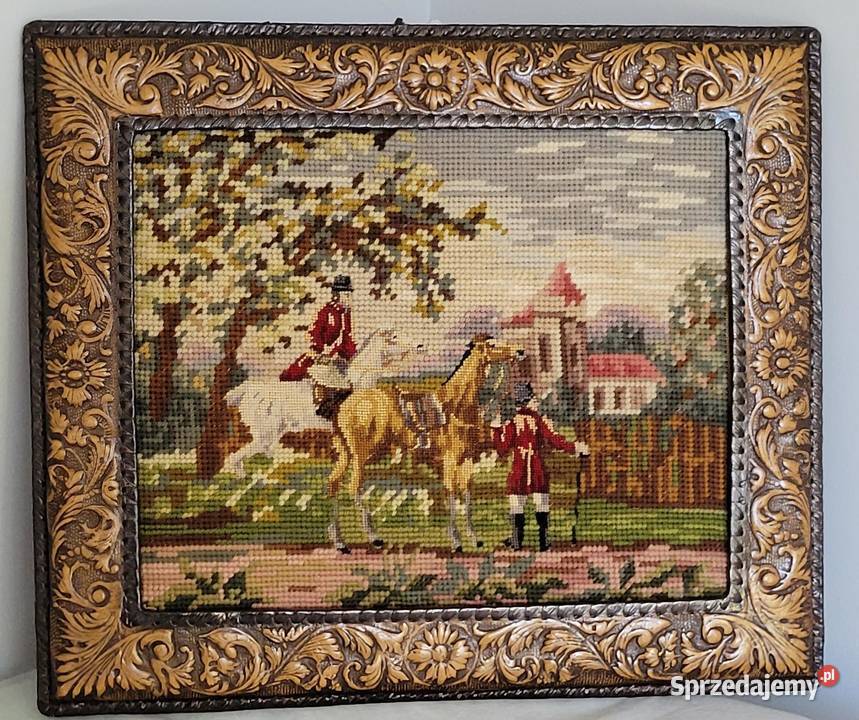 Stary obraz haftowany pejzaż z jeźdźcami w ramie Kraków