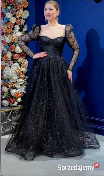 Luksusowa czarna długa suknia wieczorowa Koronkowa  Białystok