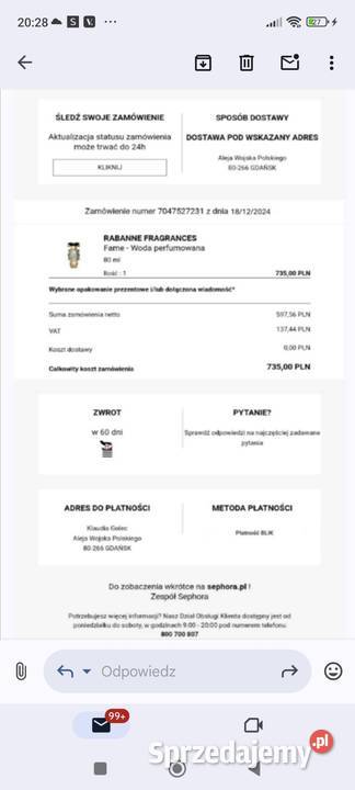 Perfumy fame poco Rabanne rachargeable Dla kobiet Piotrków Trybunalski sprzedam