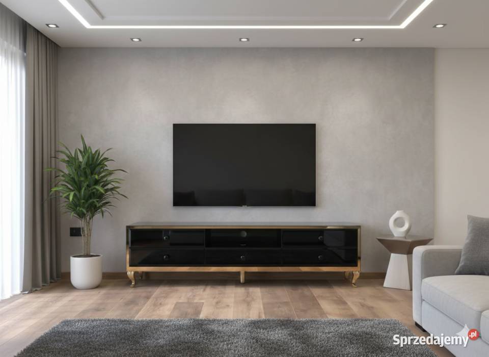 Szklana Komoda RTV 180 Czarna Lustrzana Złote Kępno