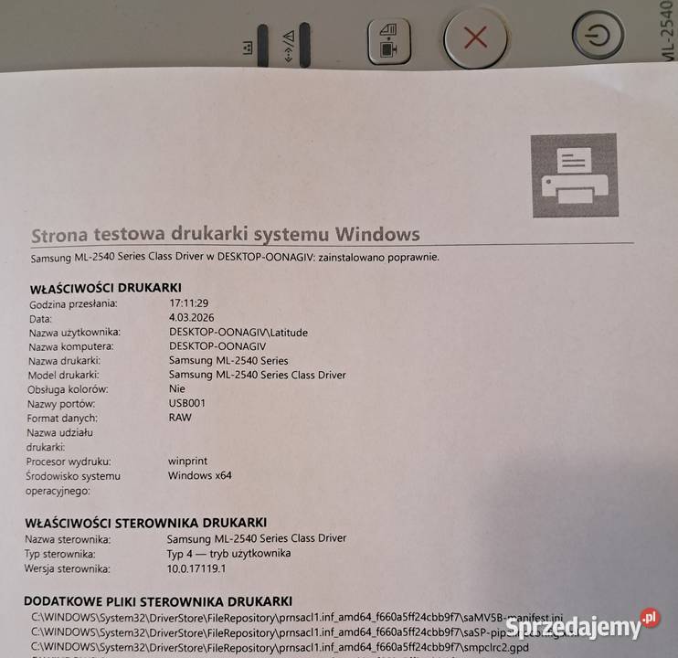 Drukarka laserowa Samsung ML 2540 USB na tonery małopolskie Kraków